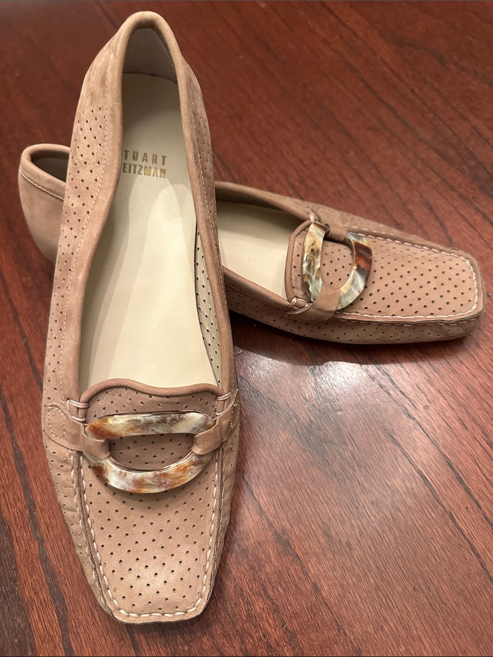 Stuart Weitzman Beige Suede Perforated Loafers with Tortoiseshell Buckle | 9